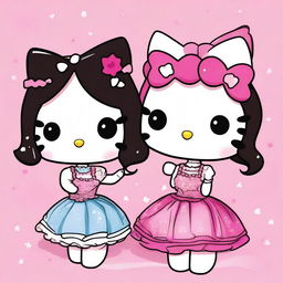 This is a high-quality digital art image showing two Hello Kitty characters with a twist