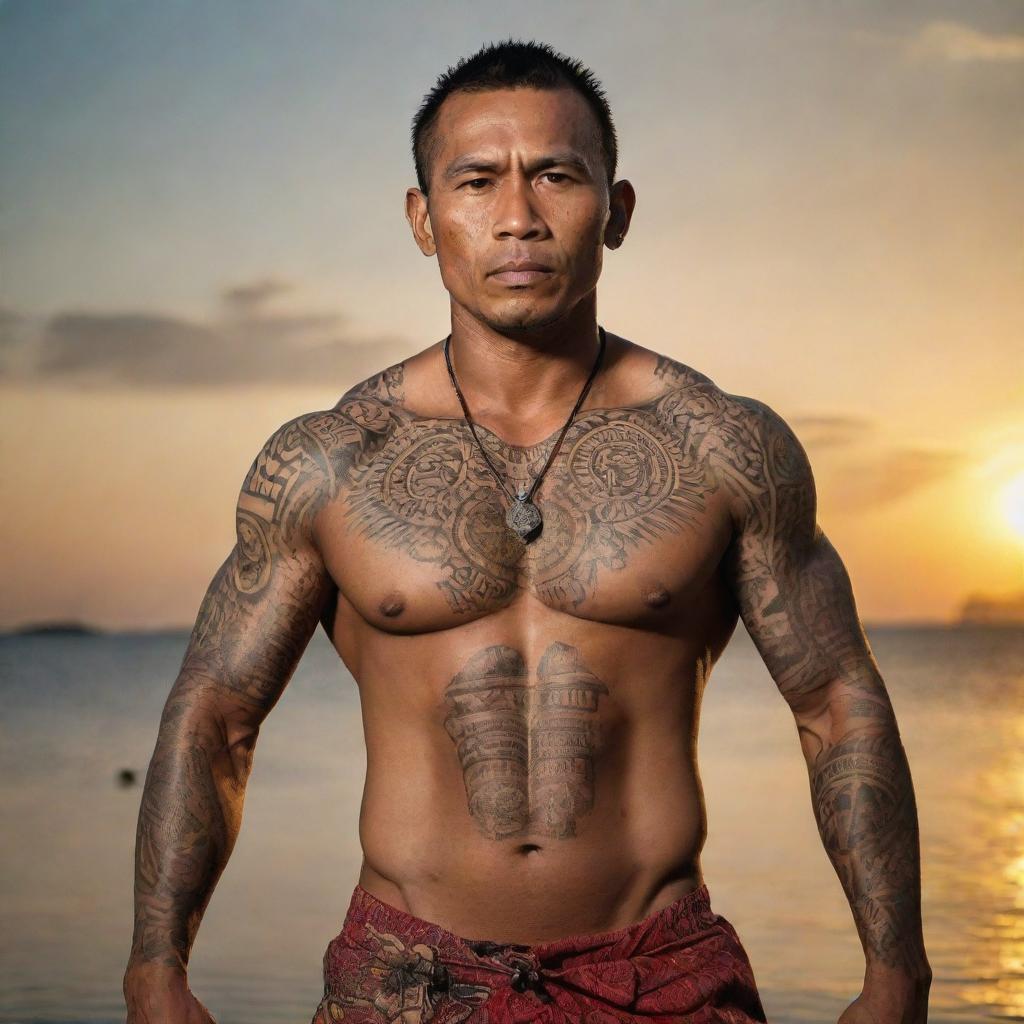 Depict Datu Lapu Lapu with a fierce yet intricate tribal tattoo adorning his muscular physique. He stands defiantly against the backdrop of Mactan Island, with the setting sun reflecting off the patterned ink, displaying his immense courage and native heritage.