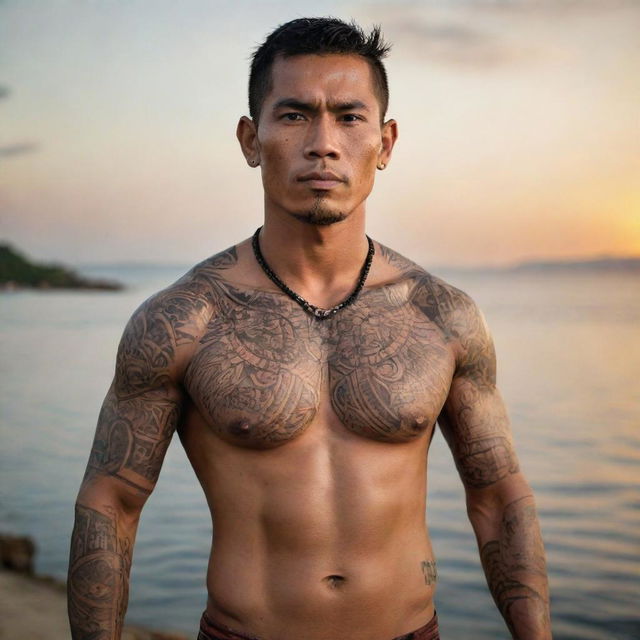 Depict Datu Lapu Lapu with a fierce yet intricate tribal tattoo adorning his muscular physique. He stands defiantly against the backdrop of Mactan Island, with the setting sun reflecting off the patterned ink, displaying his immense courage and native heritage.