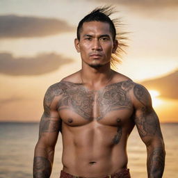 Depict Datu Lapu Lapu with a fierce yet intricate tribal tattoo adorning his muscular physique. He stands defiantly against the backdrop of Mactan Island, with the setting sun reflecting off the patterned ink, displaying his immense courage and native heritage.