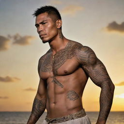 Depict Datu Lapu Lapu with a fierce yet intricate tribal tattoo adorning his muscular physique. He stands defiantly against the backdrop of Mactan Island, with the setting sun reflecting off the patterned ink, displaying his immense courage and native heritage.