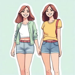 Una imagen de alta calidad de dos mejores amigas en un estilo de dibujos animados, sonriendo y compartiendo un momento alegre juntas