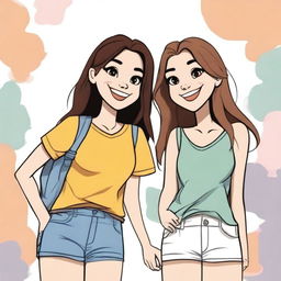 Una imagen de alta calidad de dos mejores amigas en un estilo de dibujos animados, sonriendo y compartiendo un momento alegre juntas