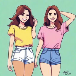 Una imagen de alta calidad de dos mejores amigas en un estilo de dibujos animados, sonriendo y compartiendo un momento alegre juntas