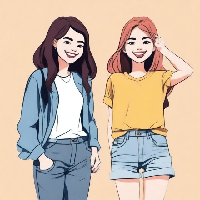 Una imagen de alta calidad de dos mejores amigas en un estilo de dibujos animados, sonriendo y compartiendo un momento alegre juntas