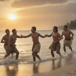 Capture the heated exchange between Spanish soldiers and Filipino tribesmen during the battle of Mactan. The beach setting is filled with action, the sunset creating a dramatic backdrop, amplifying the determination and bravery evident on both sides.