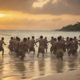 Capture the heated exchange between Spanish soldiers and Filipino tribesmen during the battle of Mactan. The beach setting is filled with action, the sunset creating a dramatic backdrop, amplifying the determination and bravery evident on both sides.