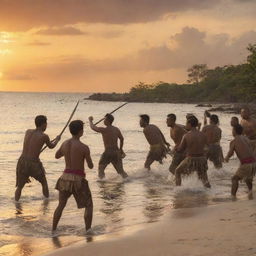 Capture the heated exchange between Spanish soldiers and Filipino tribesmen during the battle of Mactan. The beach setting is filled with action, the sunset creating a dramatic backdrop, amplifying the determination and bravery evident on both sides.