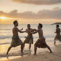 Capture the heated exchange between Spanish soldiers and Filipino tribesmen during the battle of Mactan. The beach setting is filled with action, the sunset creating a dramatic backdrop, amplifying the determination and bravery evident on both sides.