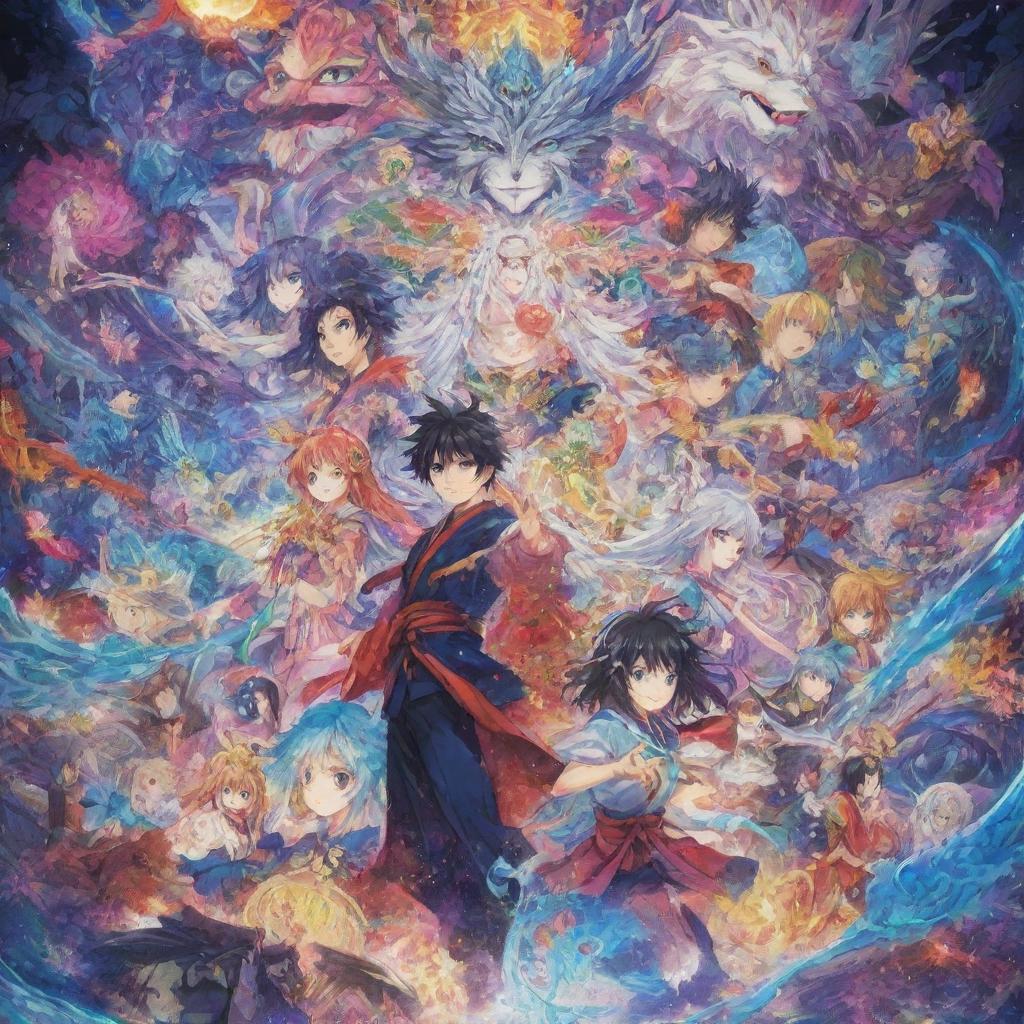 An intricately designed anime poster showcasing vibrant characters and a mystical background