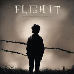 A high-quality digital art depicting a little boy standing alone on one side of a barbed wire fence in the darkness of night