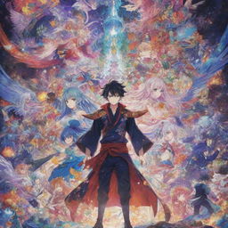 An intricately designed anime poster showcasing vibrant characters and a mystical background