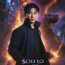 A movie poster for Solo Leveling showcasing the main character, Jin-Woo, surrounded by vibrant energy with a blend of dark and mysterious backdrops, sprinkled with fantasy creatures.