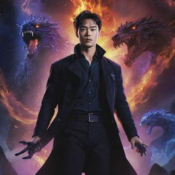 A movie poster for Solo Leveling showcasing the main character, Jin-Woo, surrounded by vibrant energy with a blend of dark and mysterious backdrops, sprinkled with fantasy creatures.