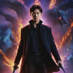 A movie poster for Solo Leveling showcasing the main character, Jin-Woo, surrounded by vibrant energy with a blend of dark and mysterious backdrops, sprinkled with fantasy creatures.