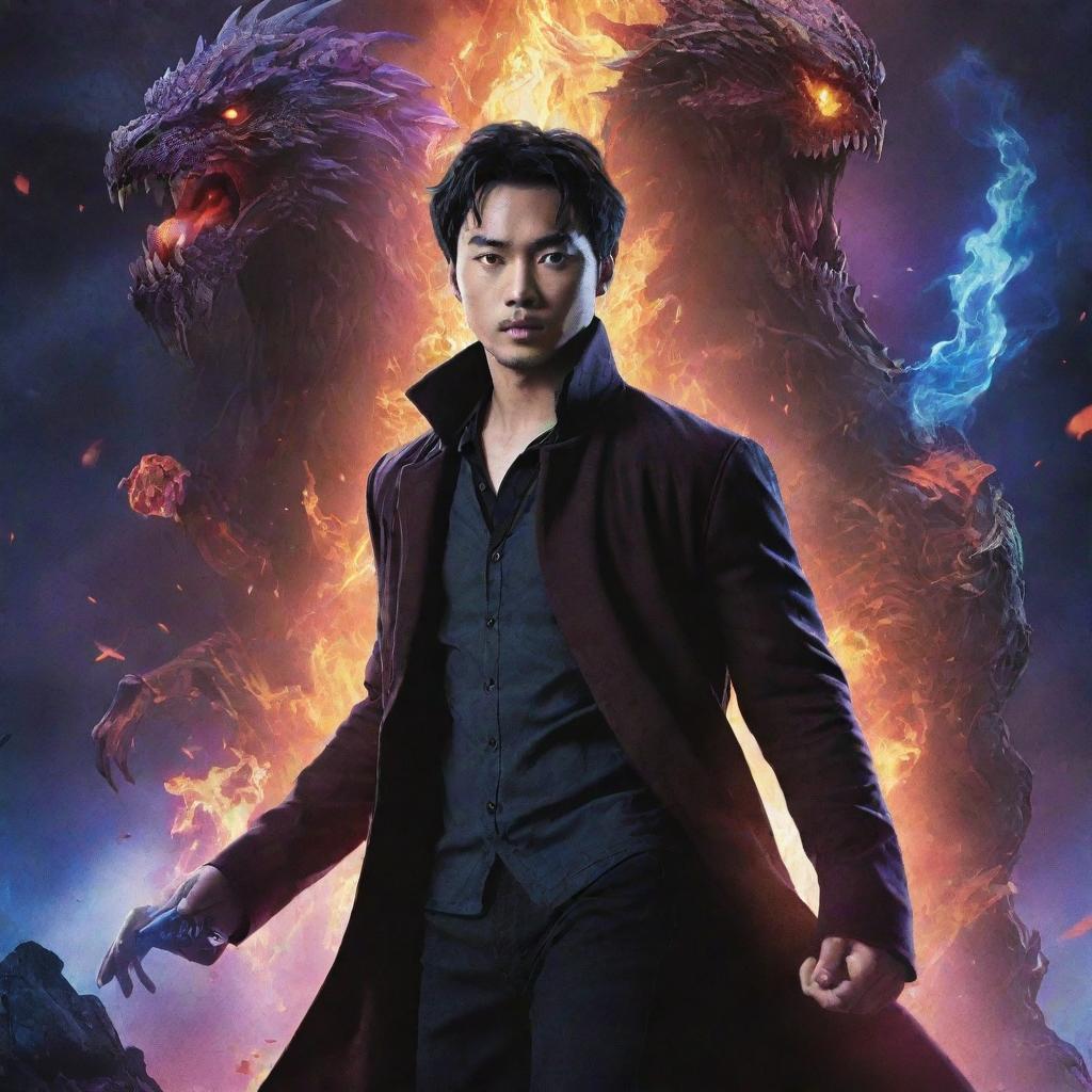 A movie poster for Solo Leveling showcasing the main character, Jin-Woo, surrounded by vibrant energy with a blend of dark and mysterious backdrops, sprinkled with fantasy creatures.