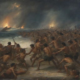 A high-intensity depiction of Spanish soldiers and Filipino tribesmen engaged in a fierce standoff at the Battle of Mactan. The stormy beach, sporadic lightning, and the resolute faces of the warriors under the ominous twilight amplify the extreme tension.