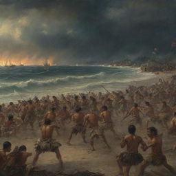 A high-intensity depiction of Spanish soldiers and Filipino tribesmen engaged in a fierce standoff at the Battle of Mactan. The stormy beach, sporadic lightning, and the resolute faces of the warriors under the ominous twilight amplify the extreme tension.