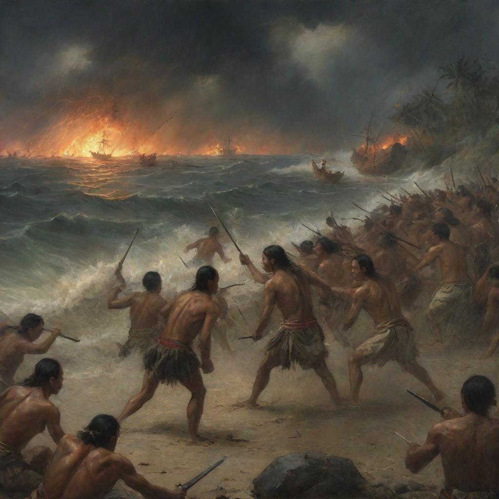 A high-intensity depiction of Spanish soldiers and Filipino tribesmen engaged in a fierce standoff at the Battle of Mactan. The stormy beach, sporadic lightning, and the resolute faces of the warriors under the ominous twilight amplify the extreme tension.