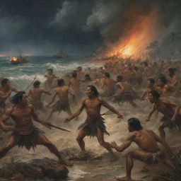 A high-intensity depiction of Spanish soldiers and Filipino tribesmen engaged in a fierce standoff at the Battle of Mactan. The stormy beach, sporadic lightning, and the resolute faces of the warriors under the ominous twilight amplify the extreme tension.