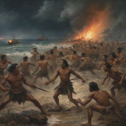 A high-intensity depiction of Spanish soldiers and Filipino tribesmen engaged in a fierce standoff at the Battle of Mactan. The stormy beach, sporadic lightning, and the resolute faces of the warriors under the ominous twilight amplify the extreme tension.