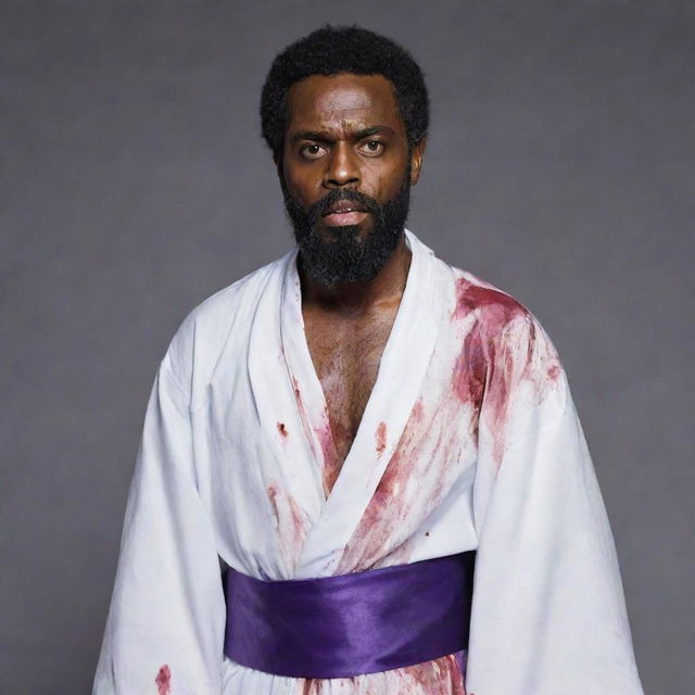 A bearded black man, transformed into a zombie, wearing a blood-stained white robe and a contrasting purple sash.