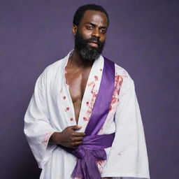 A bearded black man, transformed into a zombie, wearing a blood-stained white robe and a contrasting purple sash.