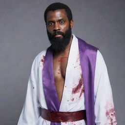 A bearded black man, transformed into a zombie, wearing a blood-stained white robe and a contrasting purple sash.