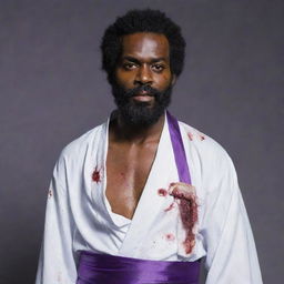 A bearded black man, transformed into a zombie, wearing a blood-stained white robe and a contrasting purple sash.