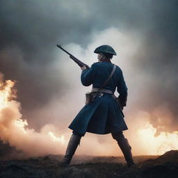 A vivid image of a soldier stolidly firing a musket amidst a fierce battle. Focus on the flash and smoke of the musket in sharp contrast with the chaotic and stormy battlefield, all emphasizing the courage and perils of war.