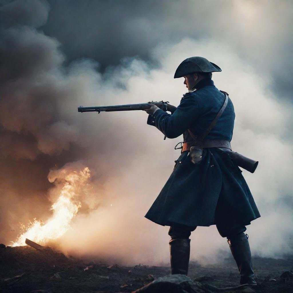 A vivid image of a soldier stolidly firing a musket amidst a fierce battle. Focus on the flash and smoke of the musket in sharp contrast with the chaotic and stormy battlefield, all emphasizing the courage and perils of war.