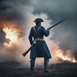 A vivid image of a soldier stolidly firing a musket amidst a fierce battle. Focus on the flash and smoke of the musket in sharp contrast with the chaotic and stormy battlefield, all emphasizing the courage and perils of war.