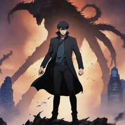 An anime-style poster for Solo Leveling, featuring a dynamic depiction of the protagonist, Jin-Woo, in high-action pose. His silhouette contrasts against a detailed, fantastical backdrop with eerie creatures looming.