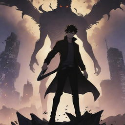 An anime-style poster for Solo Leveling, featuring a dynamic depiction of the protagonist, Jin-Woo, in high-action pose. His silhouette contrasts against a detailed, fantastical backdrop with eerie creatures looming.