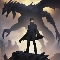 An anime-style poster for Solo Leveling, featuring a dynamic depiction of the protagonist, Jin-Woo, in high-action pose. His silhouette contrasts against a detailed, fantastical backdrop with eerie creatures looming.