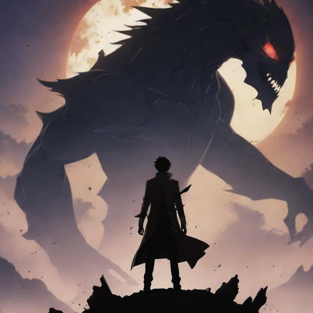 An anime-style poster for Solo Leveling, featuring a dynamic depiction of the protagonist, Jin-Woo, in high-action pose. His silhouette contrasts against a detailed, fantastical backdrop with eerie creatures looming.