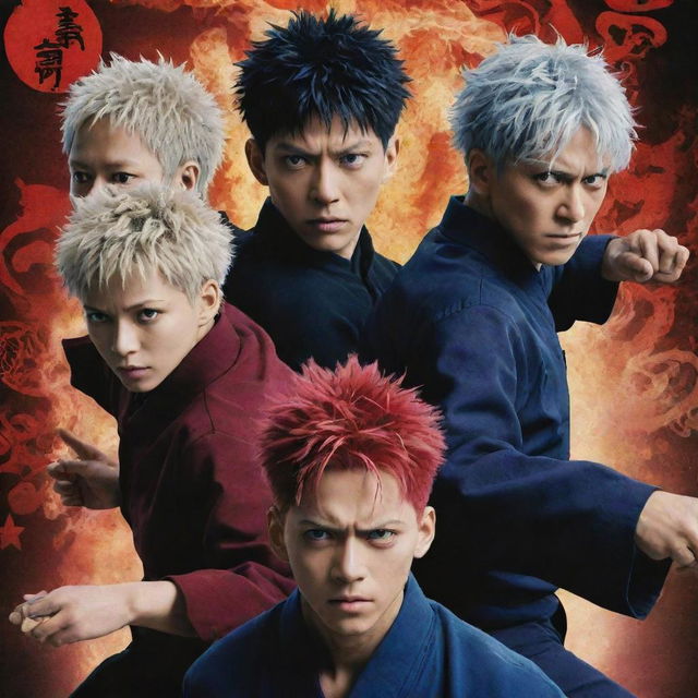 A vibrant poster of Jujutsu Kaisen featuring the main characters, Yuji Itadori, Megumi Fushiguro, and Nobara Kugisaki in dynamic action poses against a backdrop filled with mystical symbols and spiritual energy.