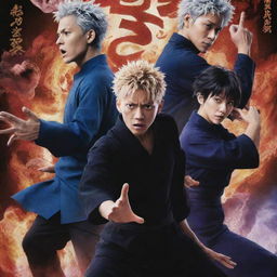 A vibrant poster of Jujutsu Kaisen featuring the main characters, Yuji Itadori, Megumi Fushiguro, and Nobara Kugisaki in dynamic action poses against a backdrop filled with mystical symbols and spiritual energy.