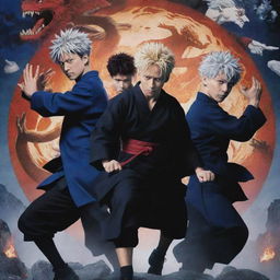 A vibrant poster of Jujutsu Kaisen featuring the main characters, Yuji Itadori, Megumi Fushiguro, and Nobara Kugisaki in dynamic action poses against a backdrop filled with mystical symbols and spiritual energy.