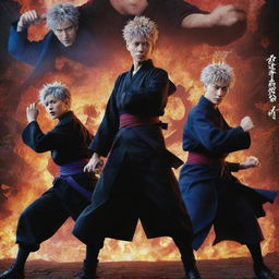 A vibrant poster of Jujutsu Kaisen featuring the main characters, Yuji Itadori, Megumi Fushiguro, and Nobara Kugisaki in dynamic action poses against a backdrop filled with mystical symbols and spiritual energy.