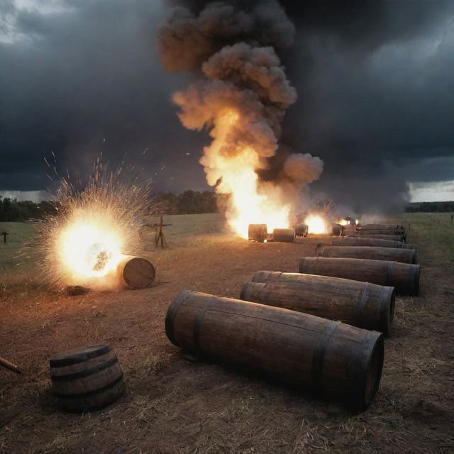 A dynamic image featuring several musket barrels firing fiercely in the heat of a battle. The focus is on the explosive flash from each barrel, contrasted with the dark and stormy background, symbolizing the violent energy of warfare.