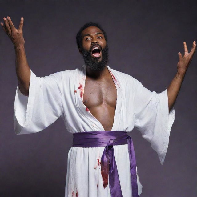 A zombified bearded black man, donning a long, blood-stained white robe with a purple sash around his waist, arms dramatically raised.