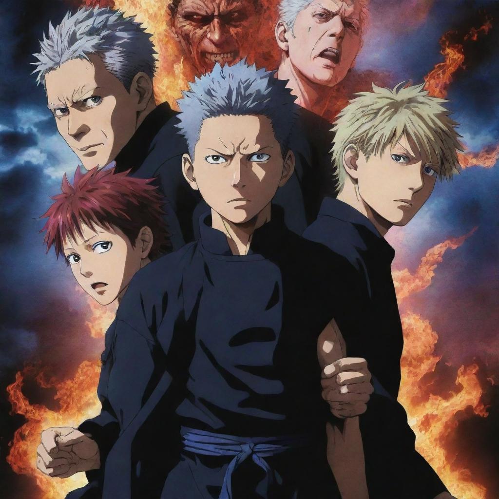 An anime-style poster of Jujutsu Kaisen featuring the main characters Yuji Itadori, Megumi Fushiguro, and Nobara Kugisaki. Positioned against a backdrop of deformed curses and glowing spiritual energy.