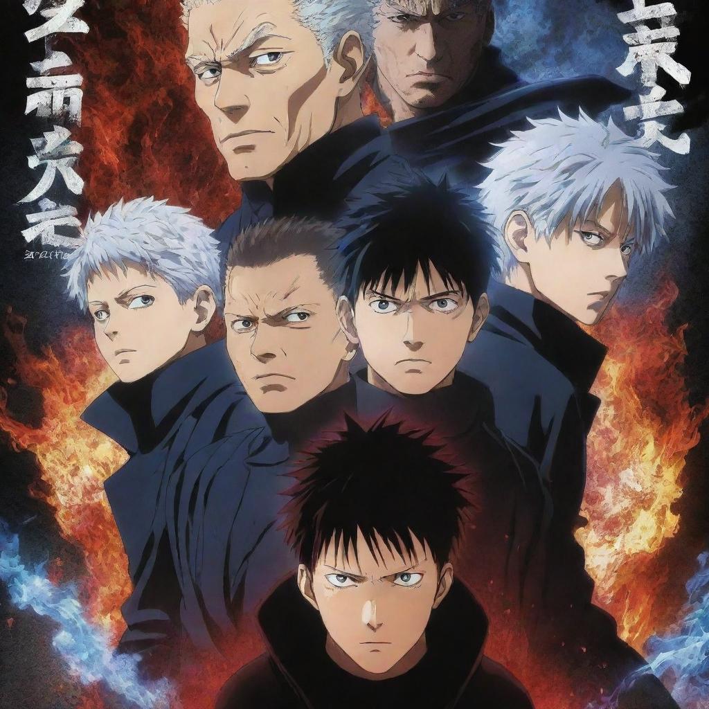 An anime-style poster of Jujutsu Kaisen featuring the main characters Yuji Itadori, Megumi Fushiguro, and Nobara Kugisaki. Positioned against a backdrop of deformed curses and glowing spiritual energy.