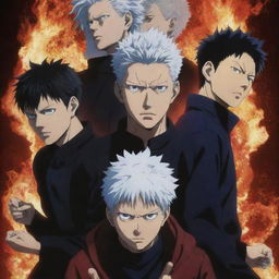 An anime-style poster of Jujutsu Kaisen featuring the main characters Yuji Itadori, Megumi Fushiguro, and Nobara Kugisaki. Positioned against a backdrop of deformed curses and glowing spiritual energy.