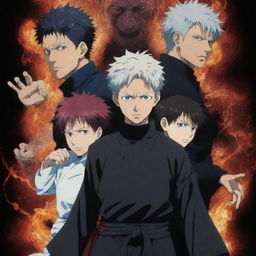 An anime-style poster of Jujutsu Kaisen featuring the main characters Yuji Itadori, Megumi Fushiguro, and Nobara Kugisaki. Positioned against a backdrop of deformed curses and glowing spiritual energy.