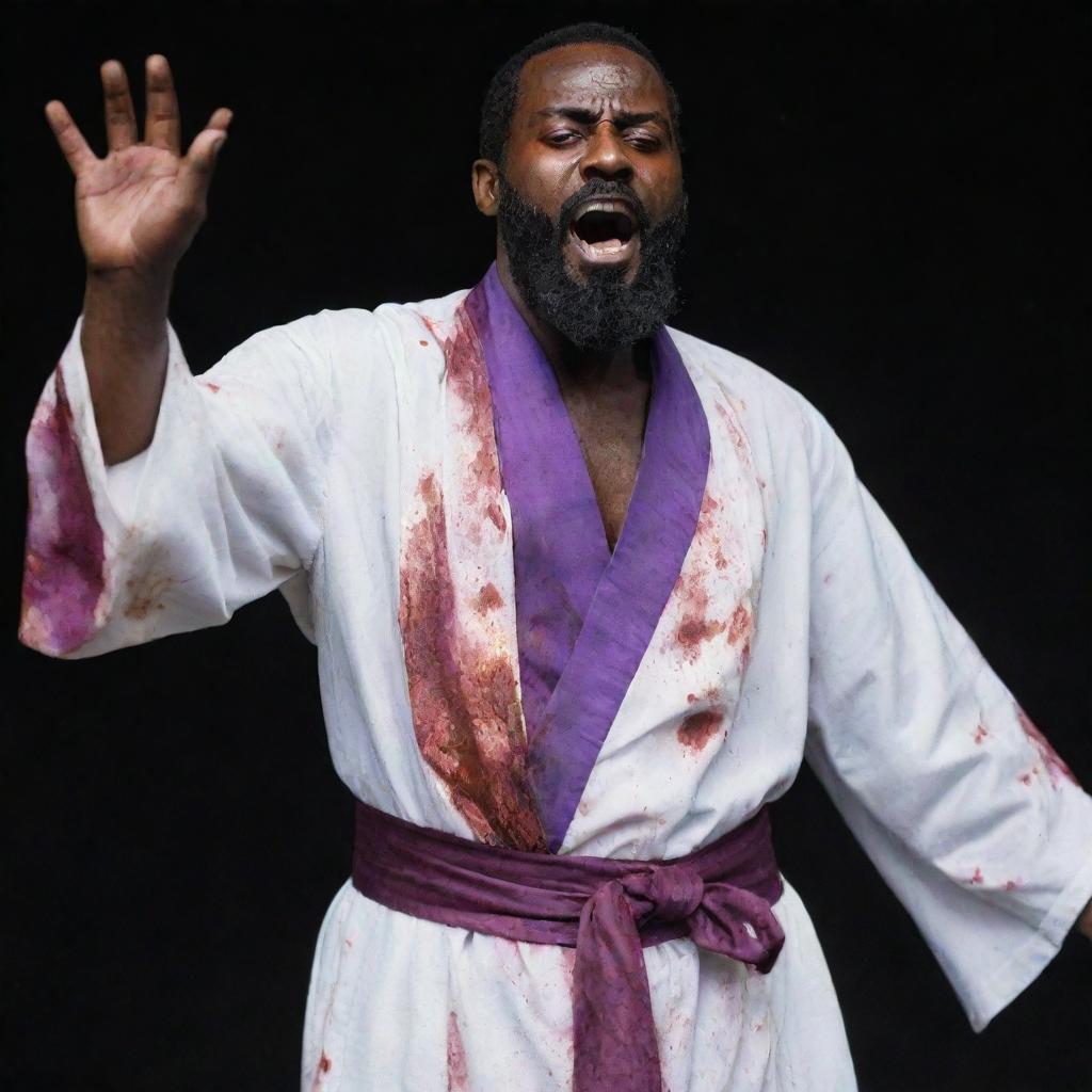 An upturned face of a zombified bearded black man with glazed over eyes, wearing a blood-stained long white robe with a purple sash around his waist, arms dramatically raised.