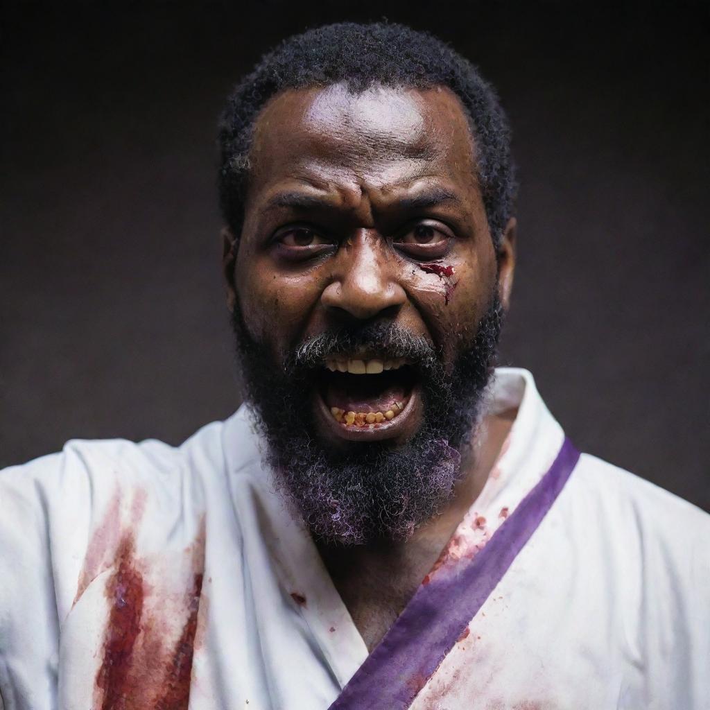 An upturned face of a zombified bearded black man with glazed over eyes, wearing a blood-stained long white robe with a purple sash around his waist, arms dramatically raised.