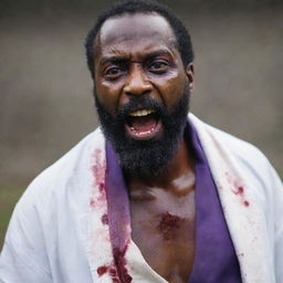 An upturned face of a zombified bearded black man with glazed over eyes, wearing a blood-stained long white robe with a purple sash around his waist, arms dramatically raised.