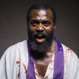 An upturned face of a zombified bearded black man with glazed over eyes, wearing a blood-stained long white robe with a purple sash around his waist, arms dramatically raised.